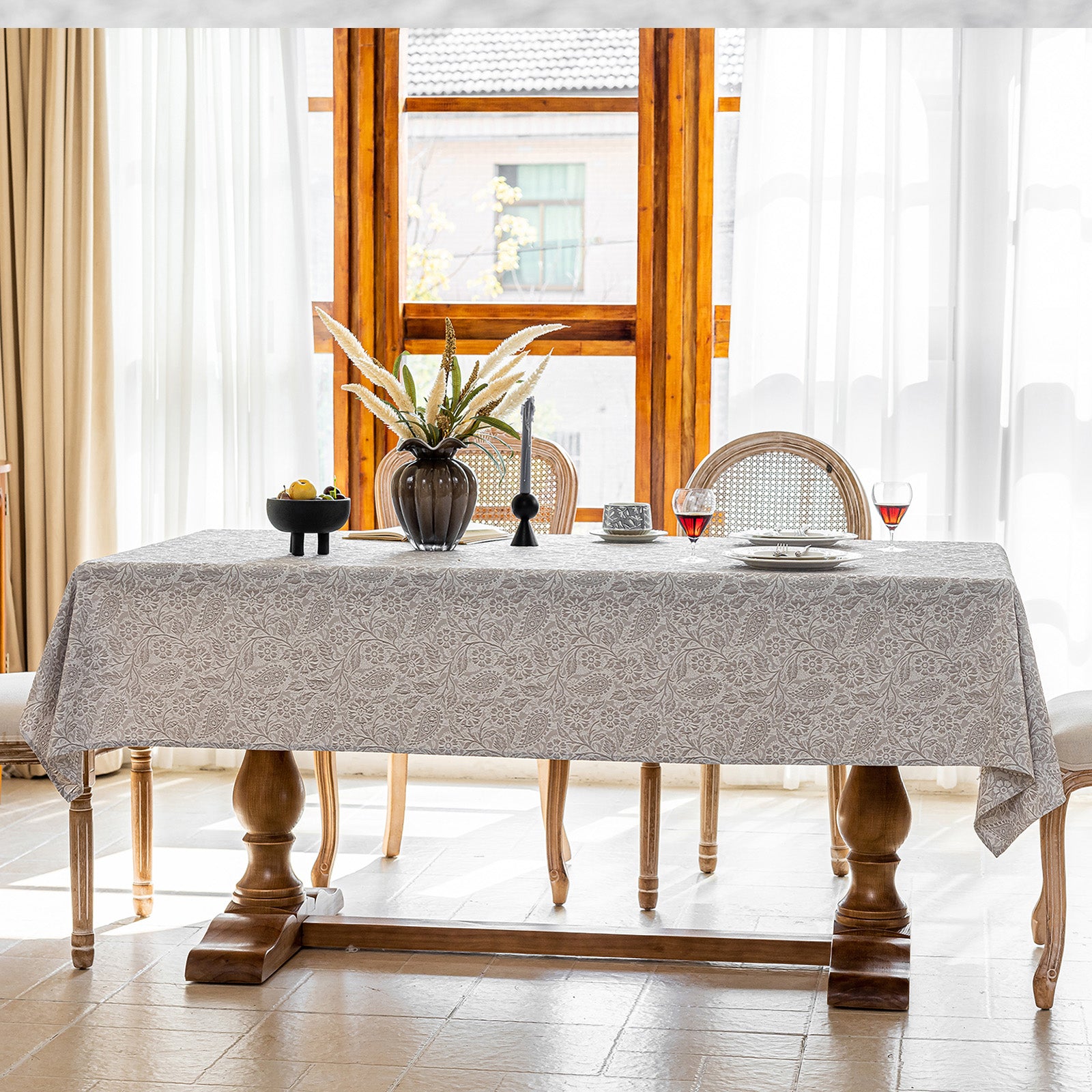 Linen Like Tablecloth or Desk Cover Wrinkle Resistant Jacquard Galsang Flower Embossed Multi Use