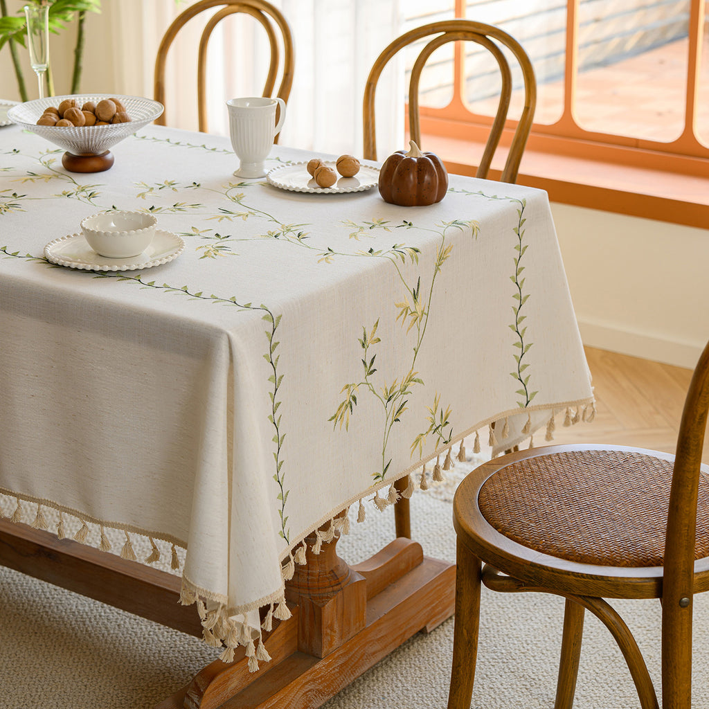 Linen-Like Waterproof Tablecloth with Bamboo Leaf Pattern — Breathable & Minimalist Design for Home Use, Fits Square, Round & Rectangular Tables