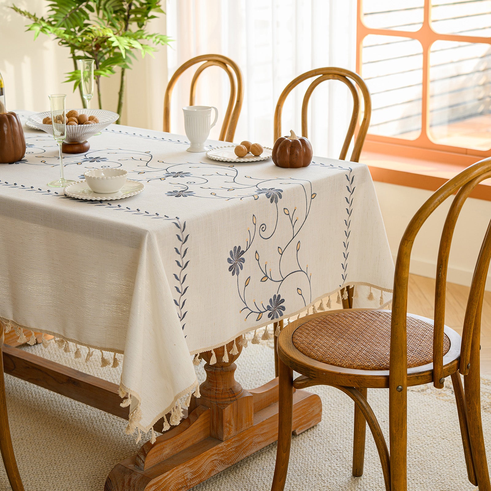 Linen-Like Waterproof Tablecloth with Chrysanthemum Pattern — Breathable & Minimalist Design for Home Use, Fits Square, Round & Rectangular Tables