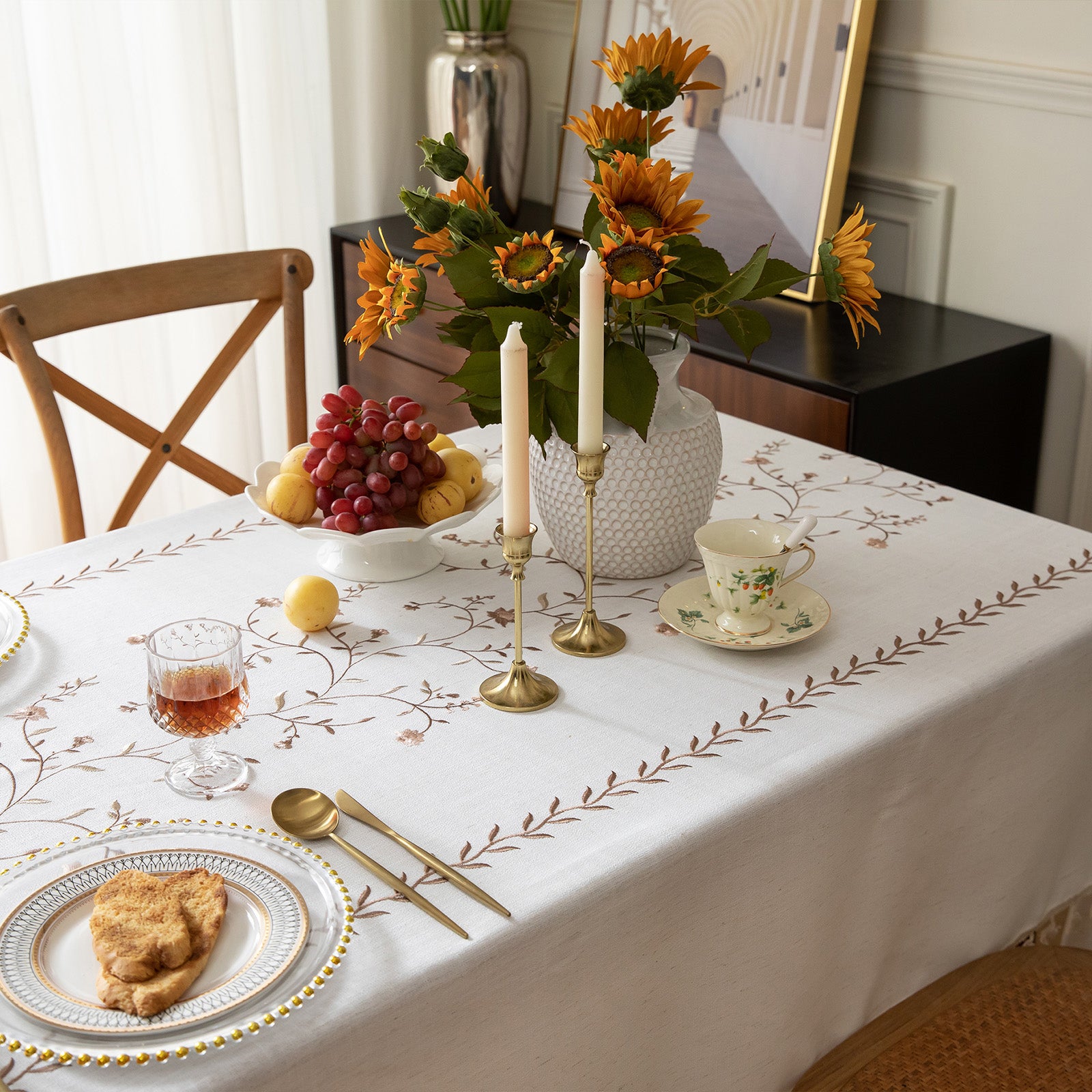 Linen-Like Waterproof Tablecloth with Hollyhock Pattern — Breathable & Minimalist Design for Home Use, Fits Square, Round & Rectangular Tables