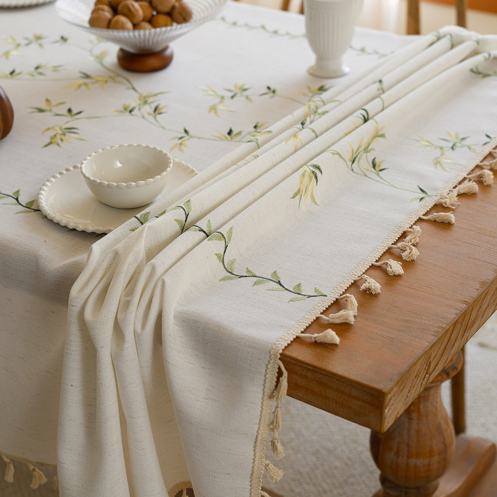 Linen-Like Waterproof Tablecloth with Bamboo Leaf Pattern — Breathable & Minimalist Design for Home Use, Fits Square, Round & Rectangular Tables