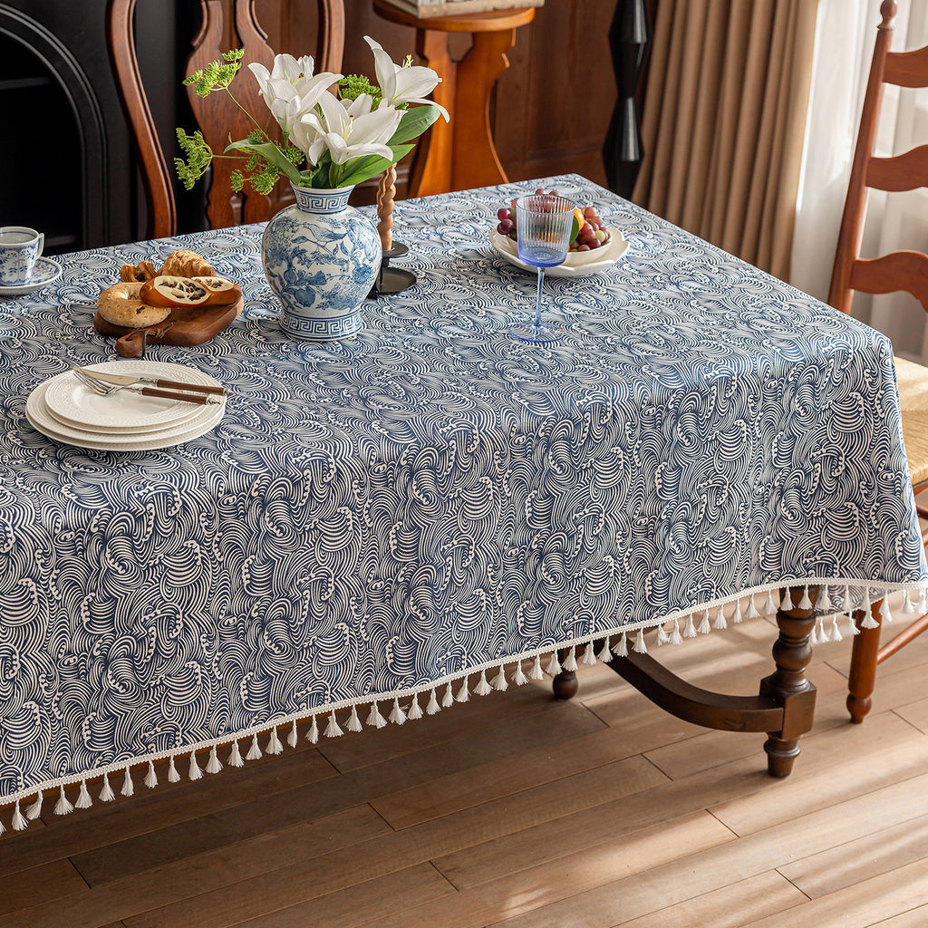 Wave Pattern Linen-Look Tablecloth with Tassels – Wrinkle-Resistant & Drapes Beautifully, Japanese Minimalist Dining Table Art