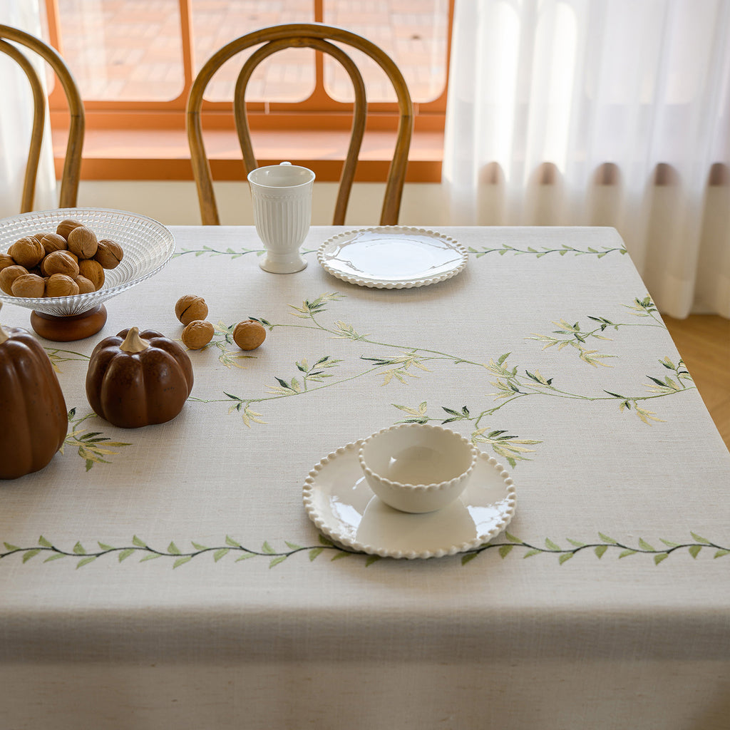 Linen-Like Waterproof Tablecloth with Bamboo Leaf Pattern — Breathable & Minimalist Design for Home Use, Fits Square, Round & Rectangular Tables