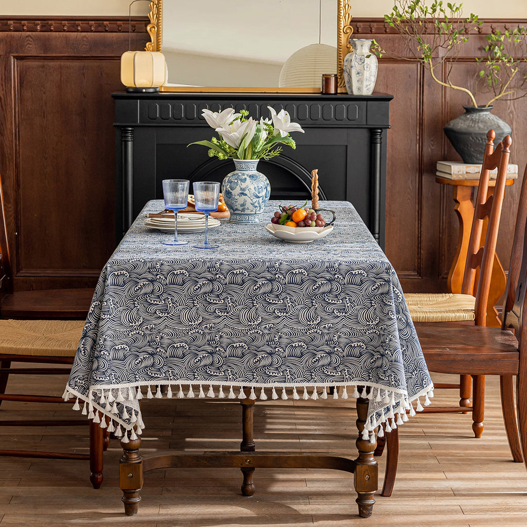 Wave Pattern Linen-Look Tablecloth with Tassels – Wrinkle-Resistant & Drapes Beautifully, Japanese Minimalist Dining Table Art