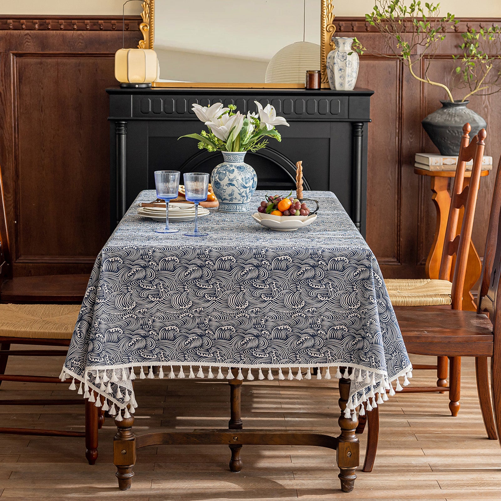 Wave Pattern Linen-Look Tablecloth with Tassels – Wrinkle-Resistant & Drapes Beautifully, Japanese Minimalist Dining Table Art