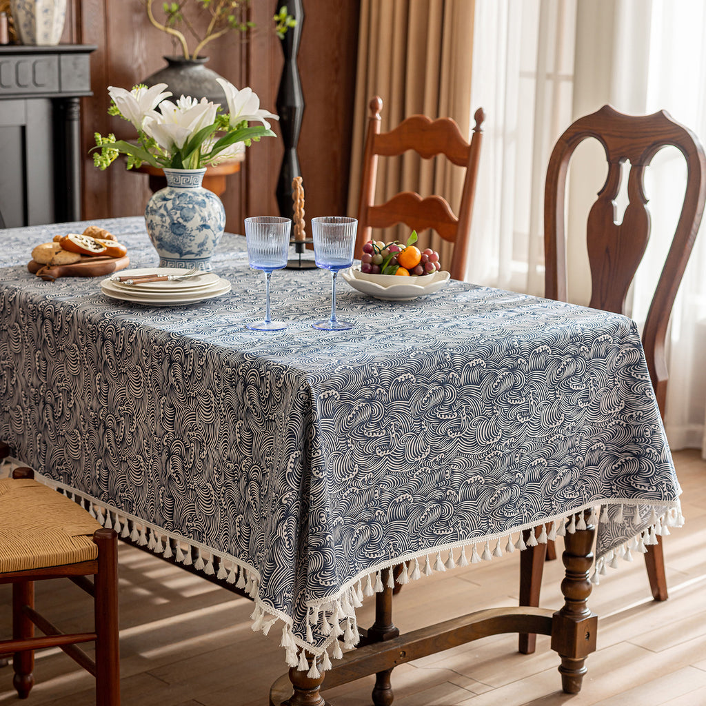 Wave Pattern Linen-Look Tablecloth with Tassels – Wrinkle-Resistant & Drapes Beautifully, Japanese Minimalist Dining Table Art