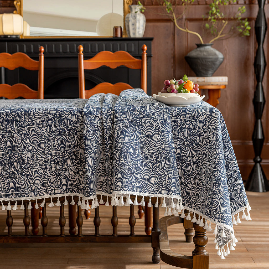 Wave Pattern Linen-Look Tablecloth with Tassels – Wrinkle-Resistant & Drapes Beautifully, Japanese Minimalist Dining Table Art