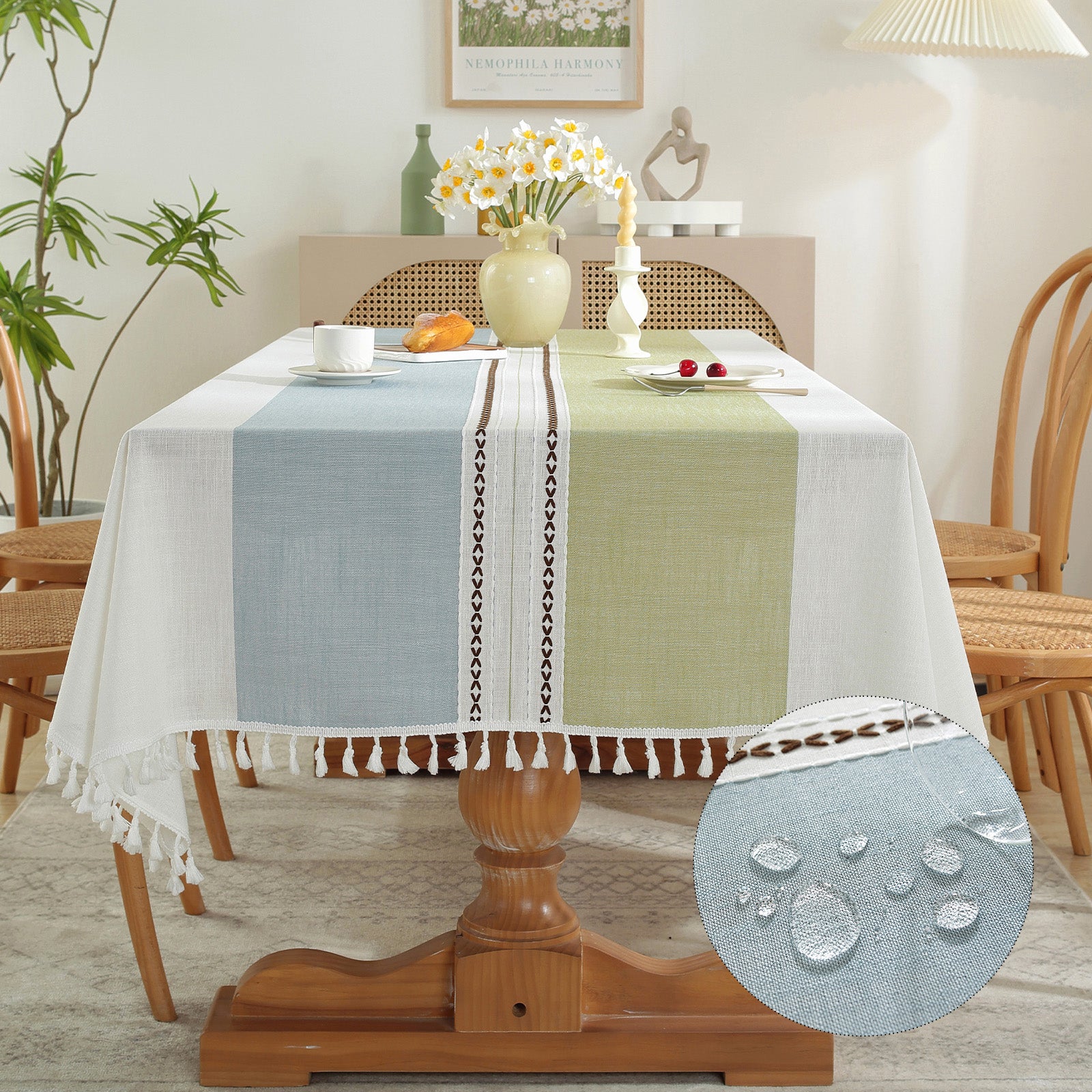 Waterproof Stainproof Linen Cotton Tablecloth, Jacquard Tassel, Thick Soft & Wrinkle Free, for Rectangle Square Tables