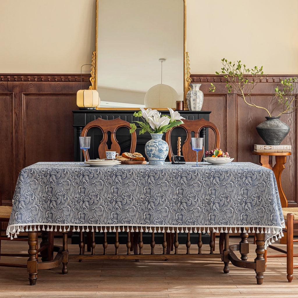Wave Pattern Linen-Look Tablecloth with Tassels – Wrinkle-Resistant & Drapes Beautifully, Japanese Minimalist Dining Table Art