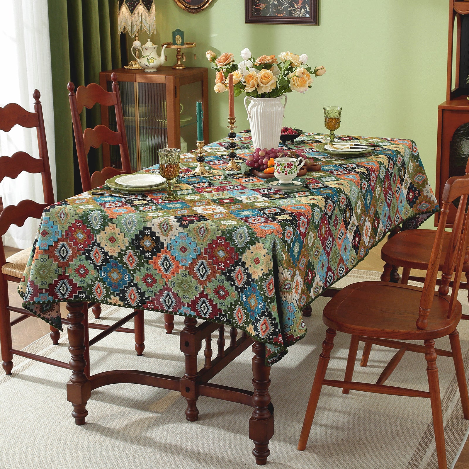 Jigsaw Puzzle Pattern Cotton-Linen Style Tablecloth with Scalloped Edge
