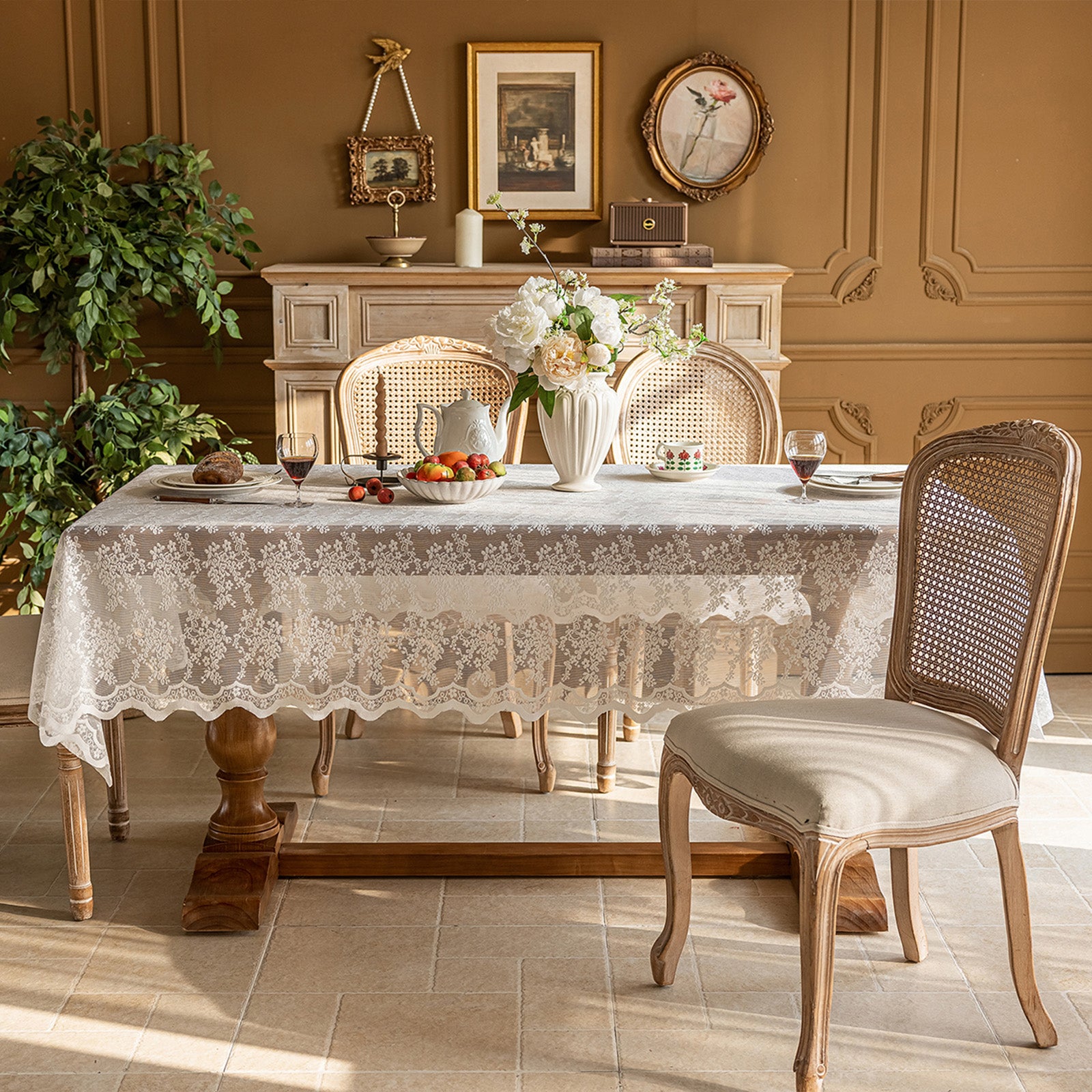White Lace Vintage French Countryside Table Cloth — Versatile Cover for Coffee Table, TV Stand, Dresser, Shoe Cabinet, Dessert Table for Party, Wedding & Daily Home