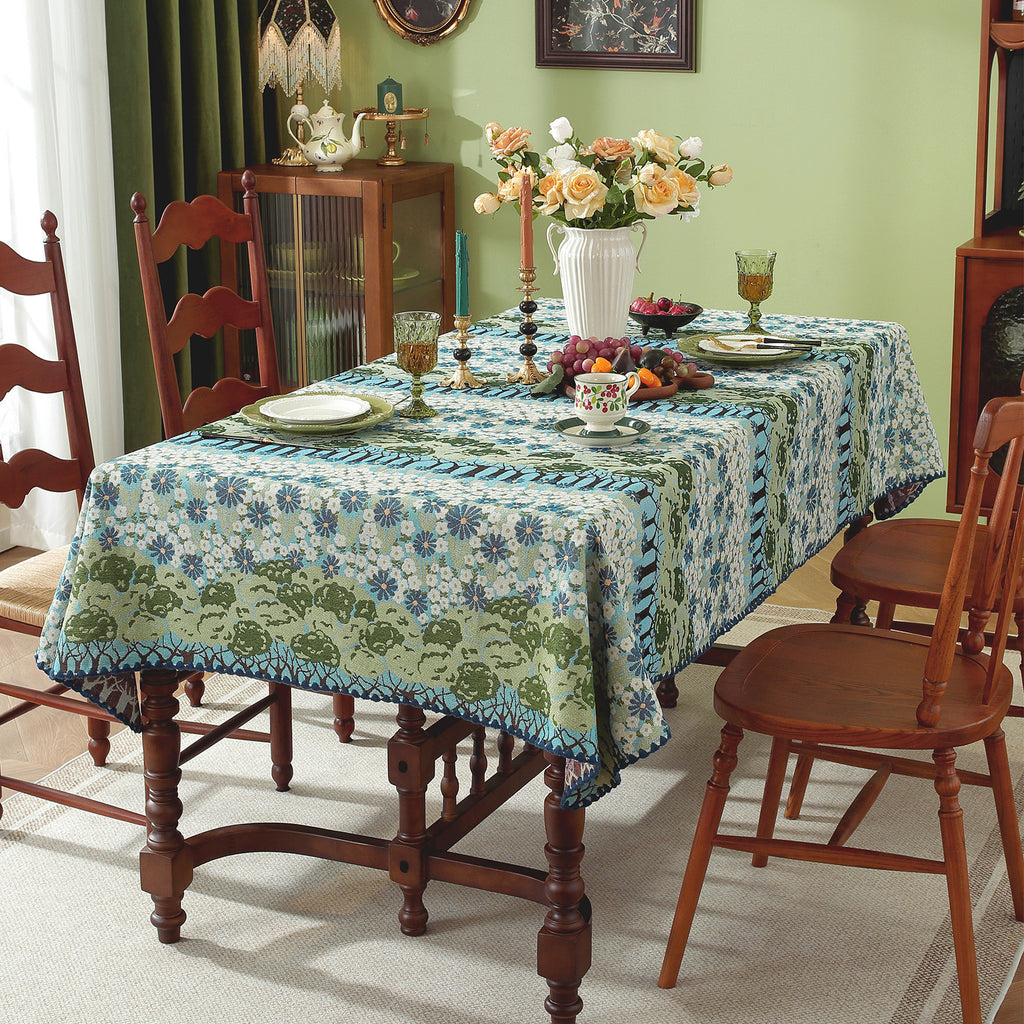 Spring Tree Pattern Cotton-Linen Style Tablecloth, with Scalloped or Straight Edge Options