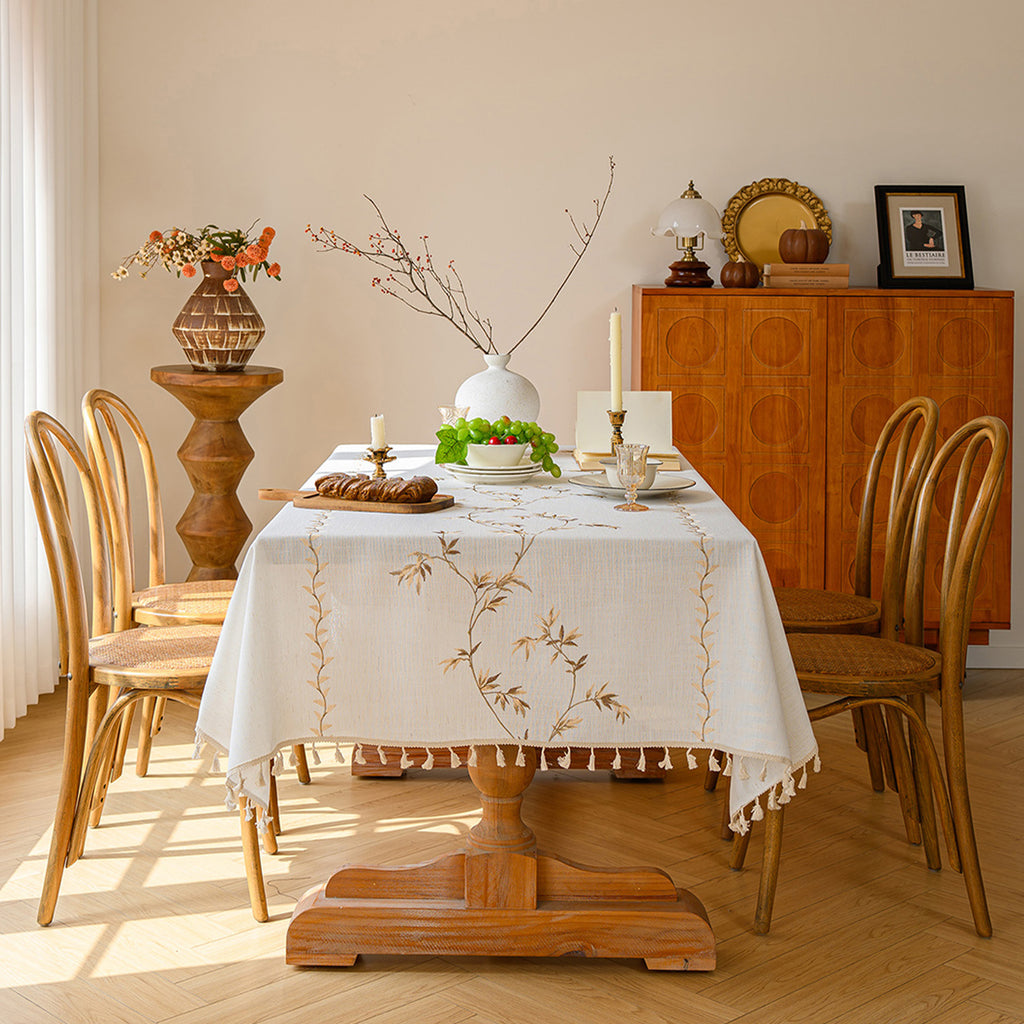 Linen-Like Waterproof Tablecloth with Bamboo Leaf Pattern — Breathable & Minimalist Design for Home Use, Fits Square, Round & Rectangular Tables