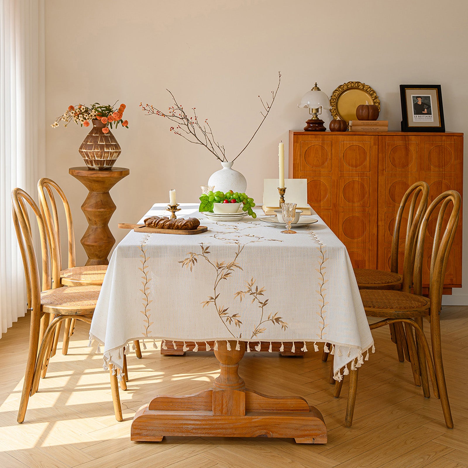 Linen-Like Waterproof Tablecloth with Bamboo Leaf Pattern — Breathable & Minimalist Design for Home Use, Fits Square, Round & Rectangular Tables