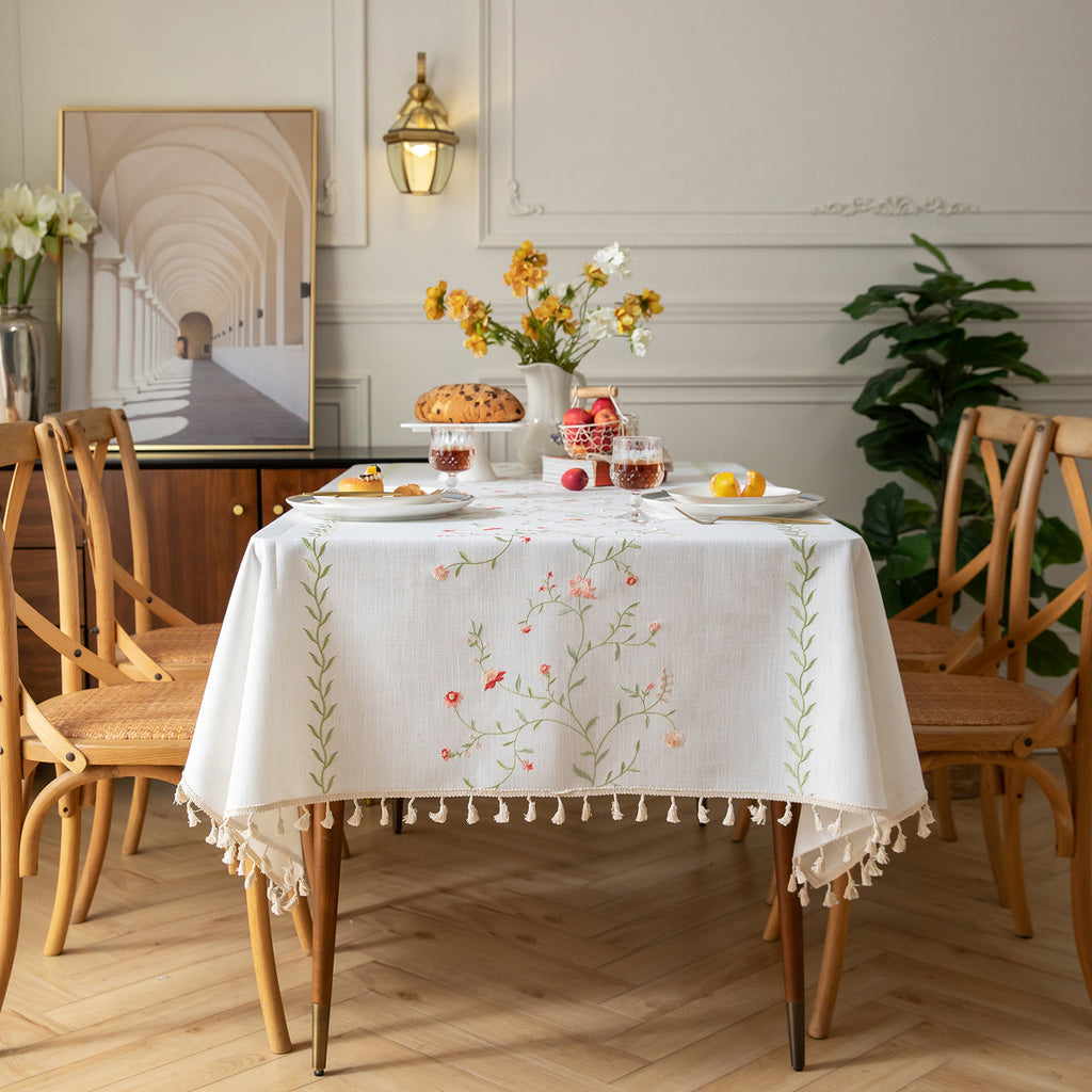 Linen-Like Waterproof Tablecloth with Hollyhock Pattern — Breathable & Minimalist Design for Home Use, Fits Square, Round & Rectangular Tables