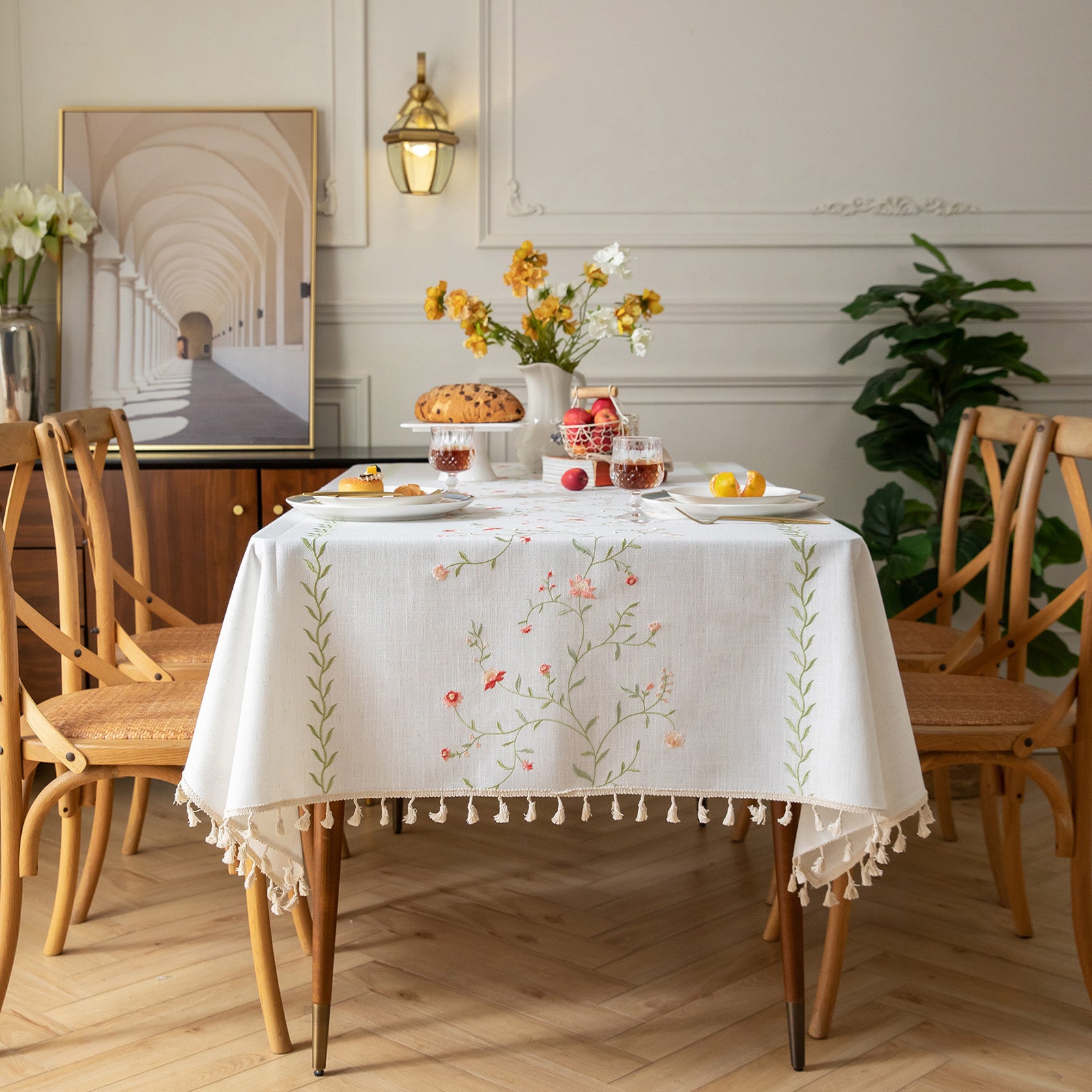 Linen-Like Waterproof Tablecloth with Hollyhock Pattern — Breathable & Minimalist Design for Home Use, Fits Square, Round & Rectangular Tables