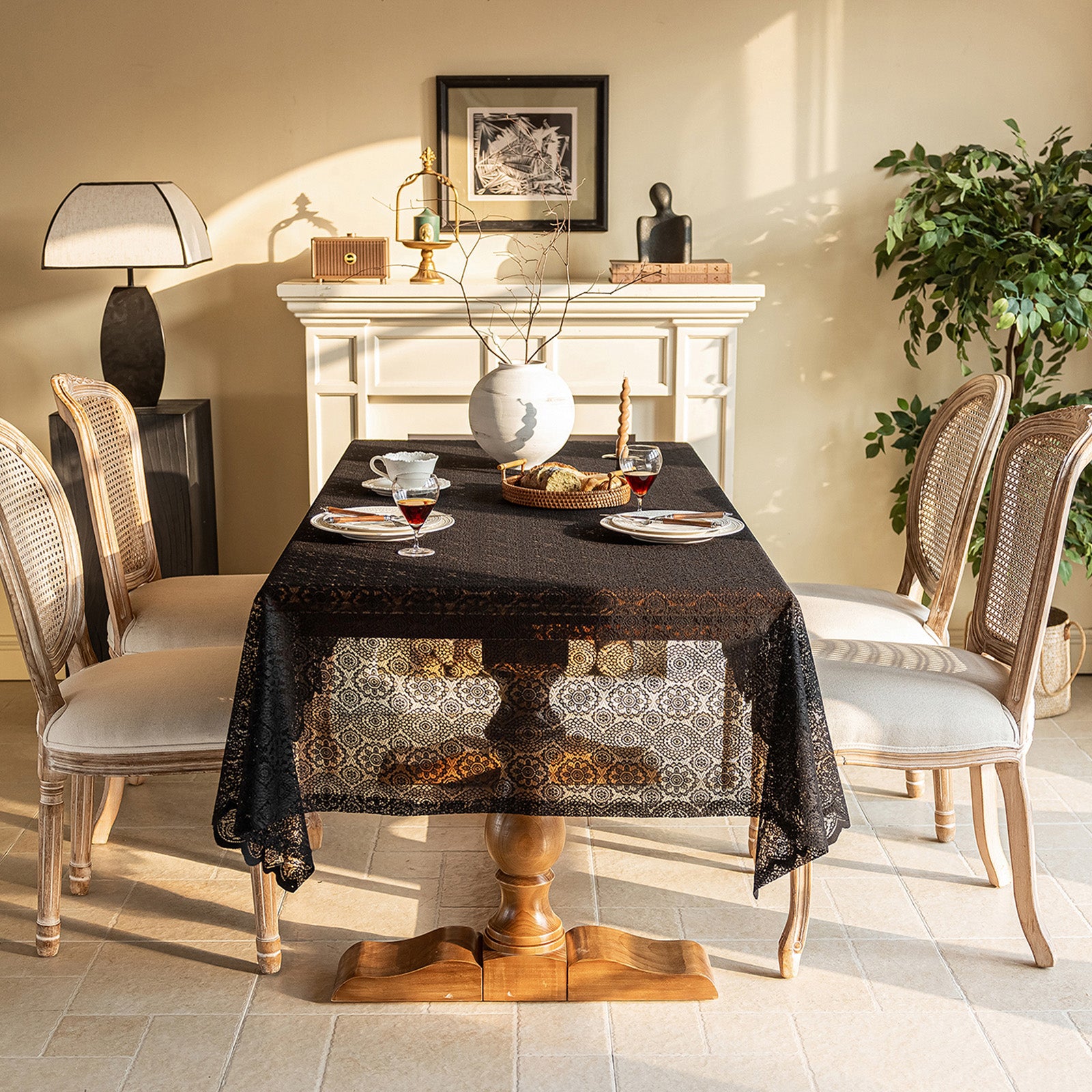 Black Lace French Countryside Coffee Table Cloth — TV Stand Cover, Dresser Cover, Shoe Cabinet Cover, Dessert Tablecloth for Party Wedding Daily Home
