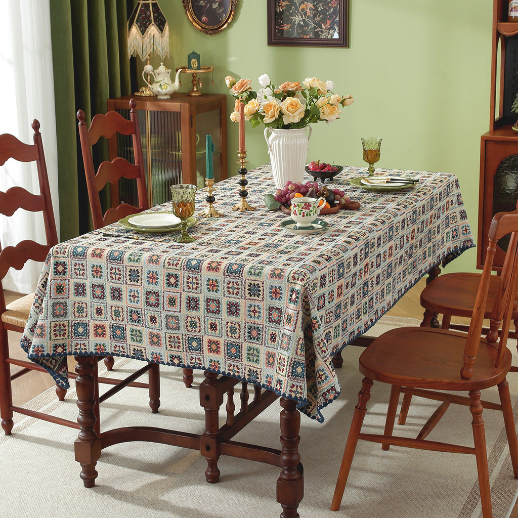 Blue Hook Flower Pattern Cotton-Linen Style Tablecloth with Scalloped Edge