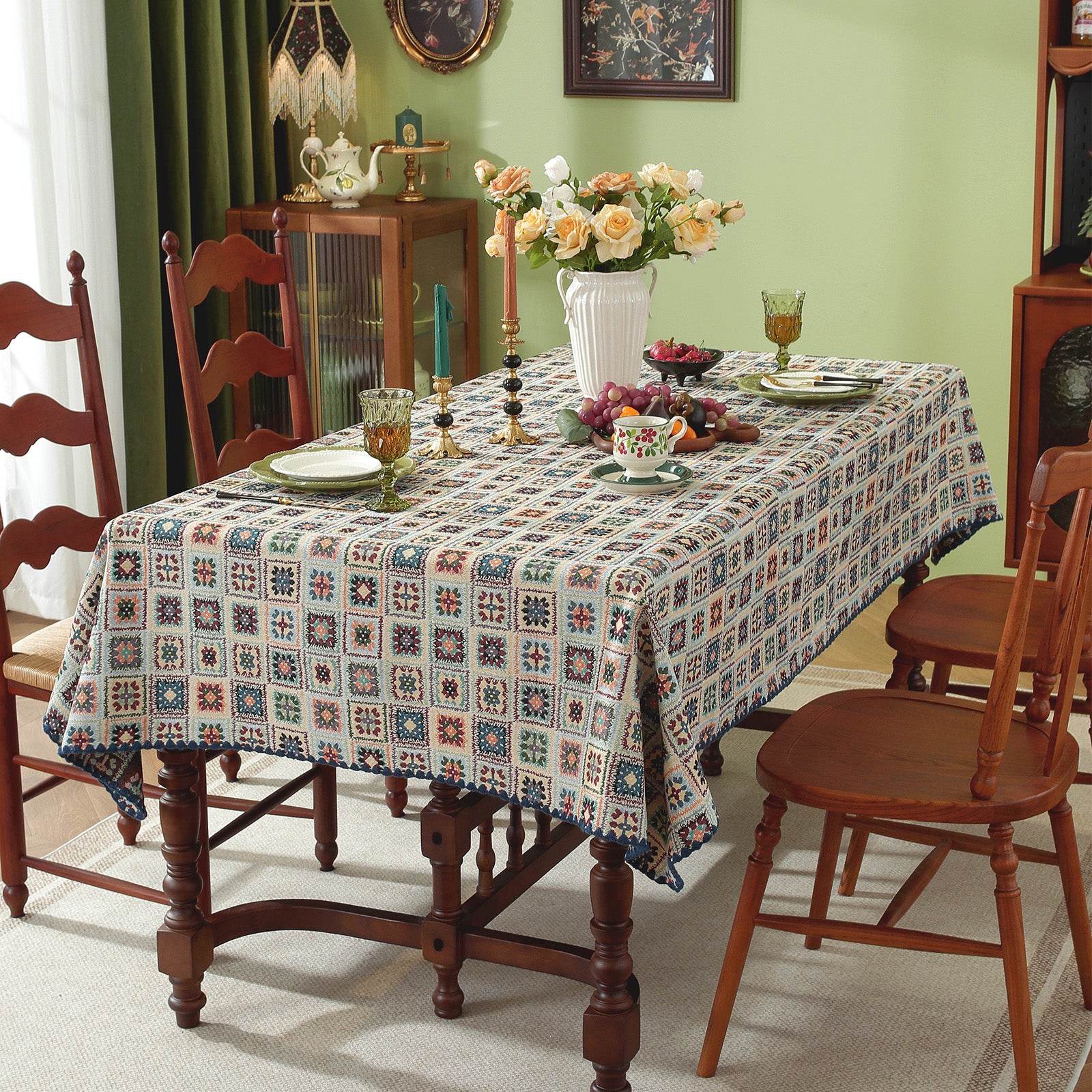 Blue Hook Flower Pattern Cotton-Linen Style Tablecloth with Scalloped Edge