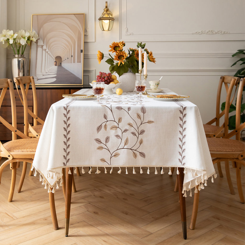 Linen-Like Waterproof Tablecloth with Vine Pattern — Breathable & Minimalist Design for Home Use, Fits Square, Round & Rectangular Tables