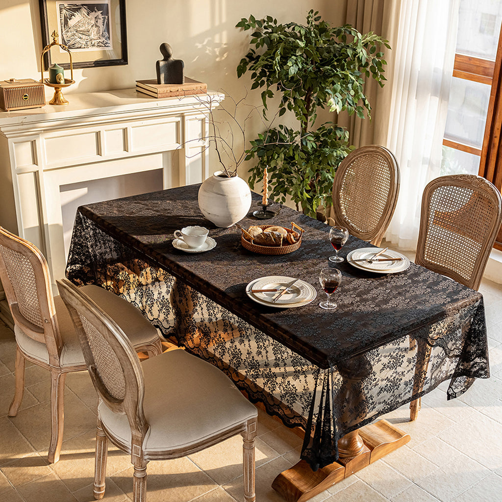 Black Lace Vintage French Countryside Table Cloth — Versatile Cover for Coffee Table, TV Stand, Dresser, Shoe Cabinet, Dessert Table for Party, Wedding & Daily Home
