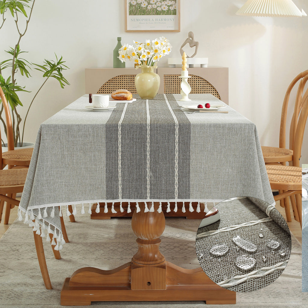 Waterproof Stainproof Linen Cotton Tablecloth, Jacquard Tassel, Thick Soft & Wrinkle Free, for Rectangle Square Tables