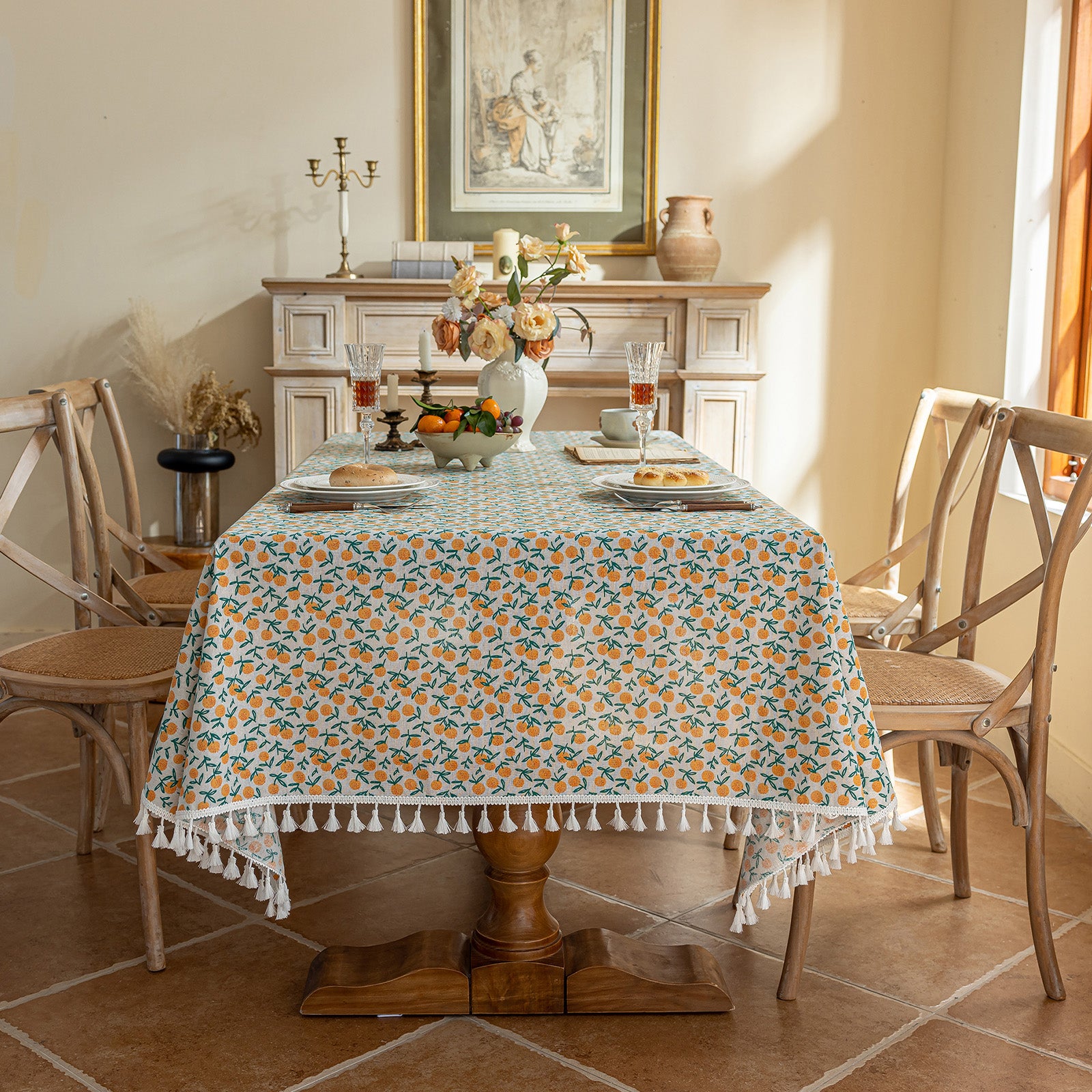 Little Orange Pattern Tablecloth with Tassel Fringe – French Pastoral Vintage Floral Decor for Dining Room, Balcony & Picnic