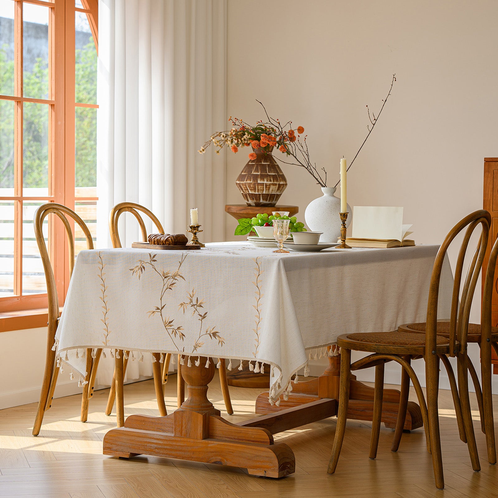 Linen-Like Waterproof Tablecloth with Bamboo Leaf Pattern — Breathable & Minimalist Design for Home Use, Fits Square, Round & Rectangular Tables