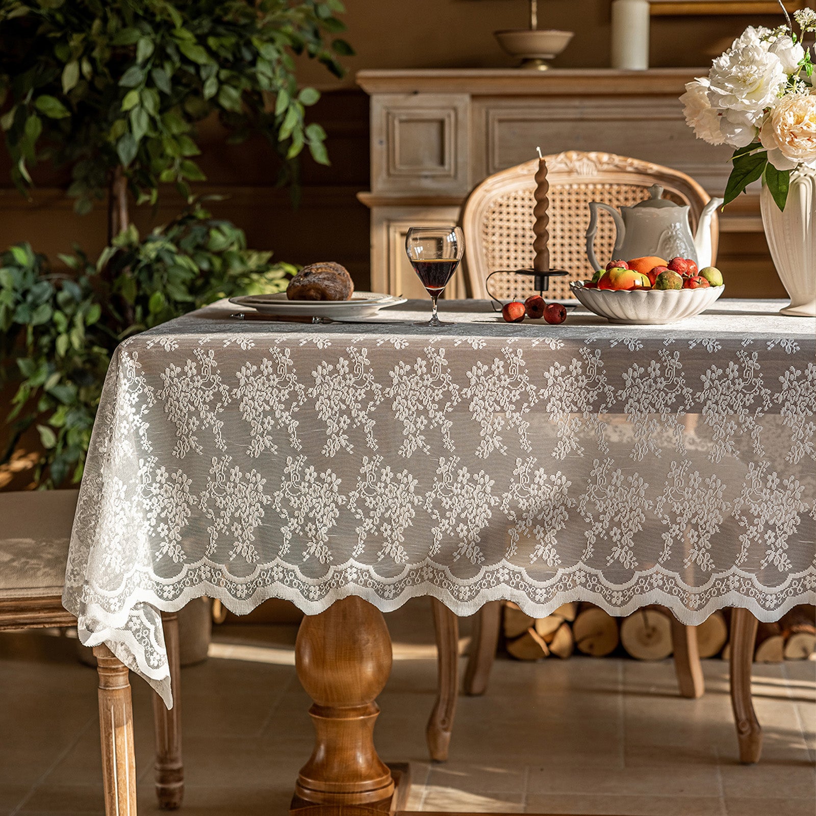 White Lace Vintage French Countryside Table Cloth — Versatile Cover for Coffee Table, TV Stand, Dresser, Shoe Cabinet, Dessert Table for Party, Wedding & Daily Home