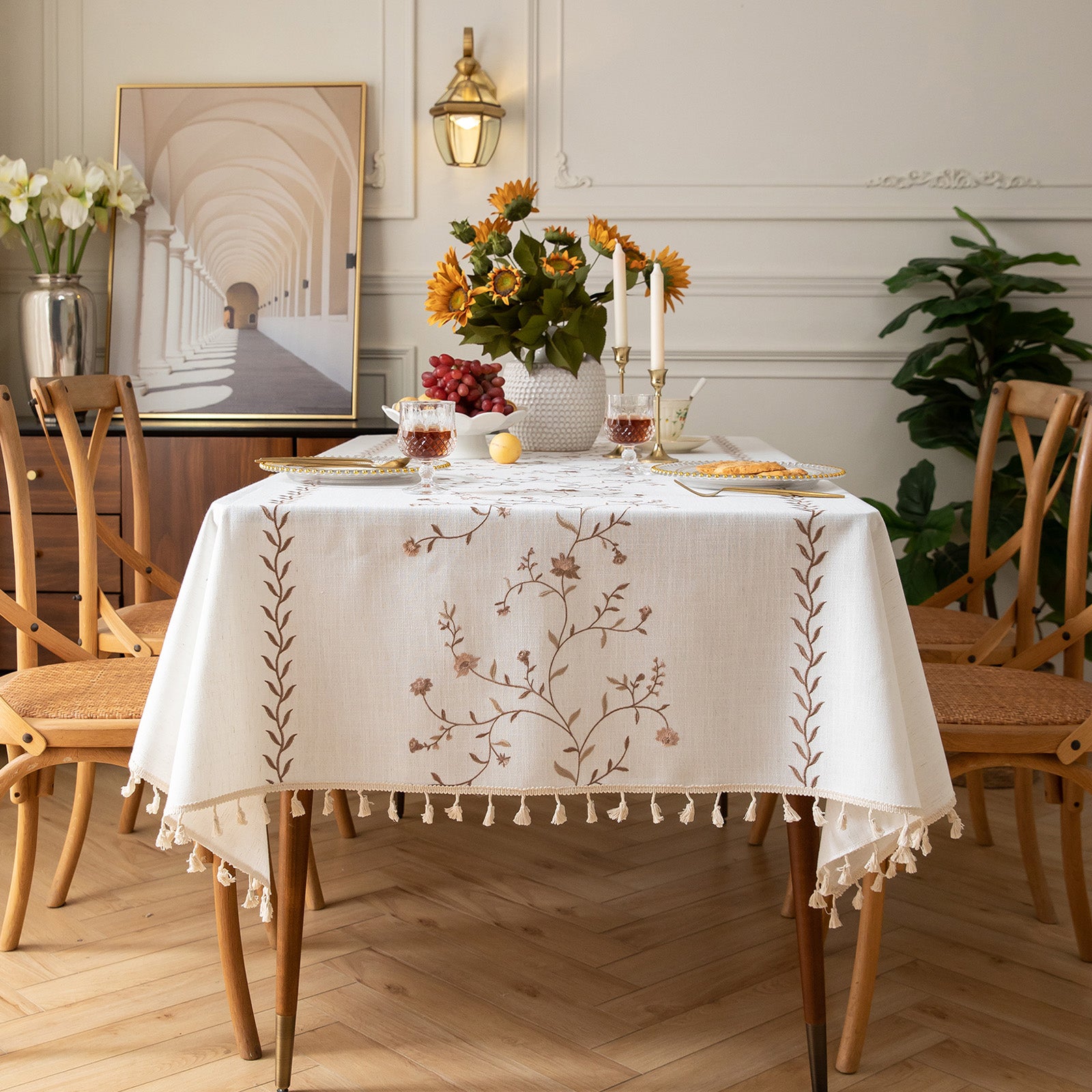 Linen-Like Waterproof Tablecloth with Hollyhock Pattern — Breathable & Minimalist Design for Home Use, Fits Square, Round & Rectangular Tables