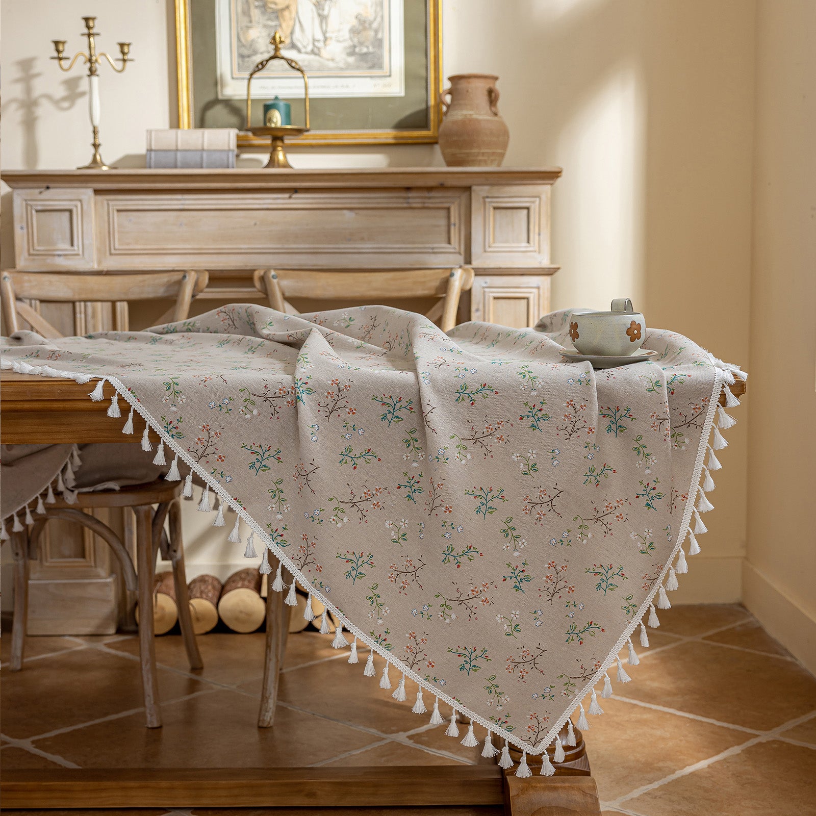Little Twig Pattern Tablecloth with Tassel Fringe – French Pastoral Vintage Floral Decor for Dining Room, Balcony & Picnic