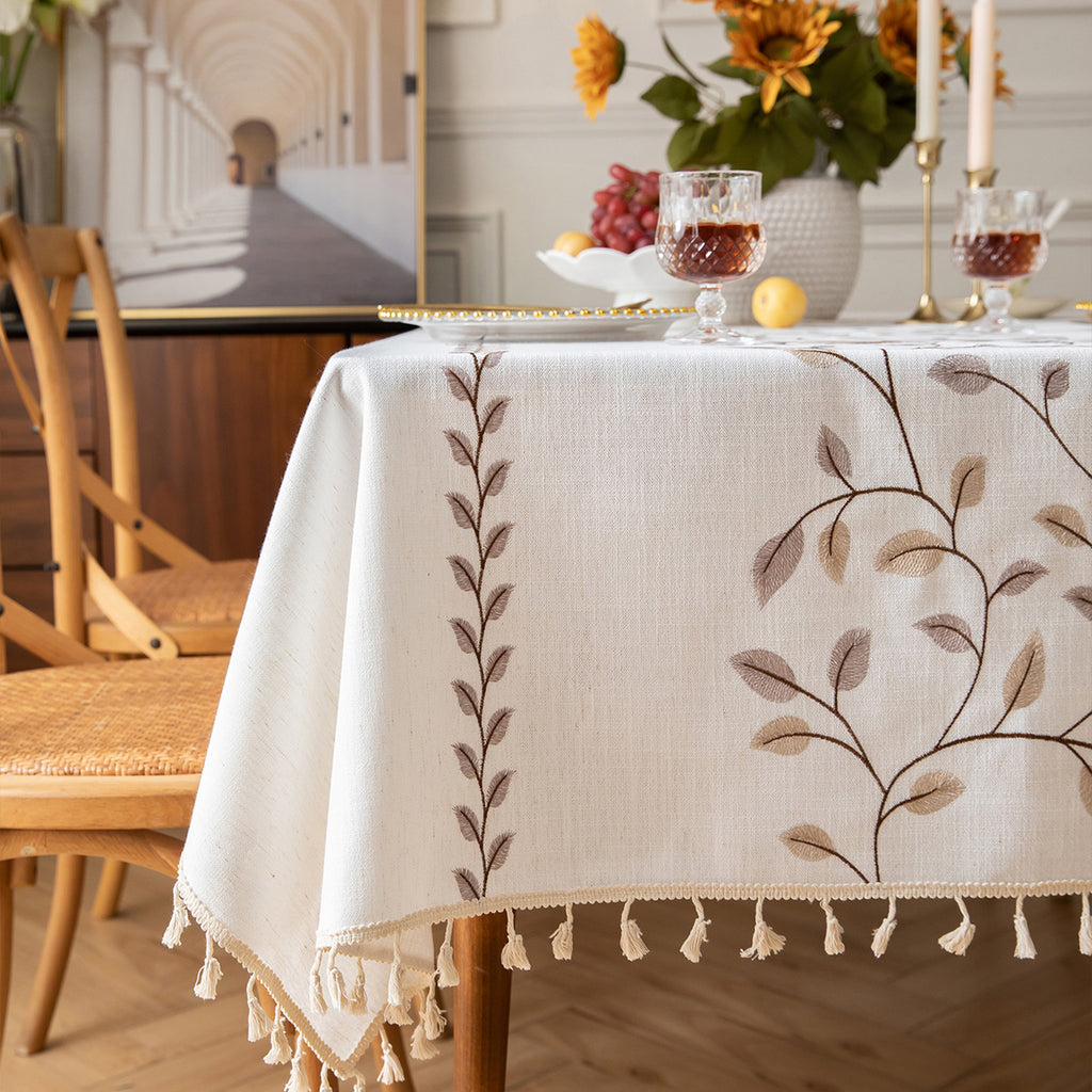 Linen-Like Waterproof Tablecloth with Vine Pattern — Breathable & Minimalist Design for Home Use, Fits Square, Round & Rectangular Tables