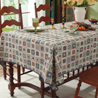 Blue Hook Flower Pattern Cotton-Linen Style Tablecloth with Scalloped Edge