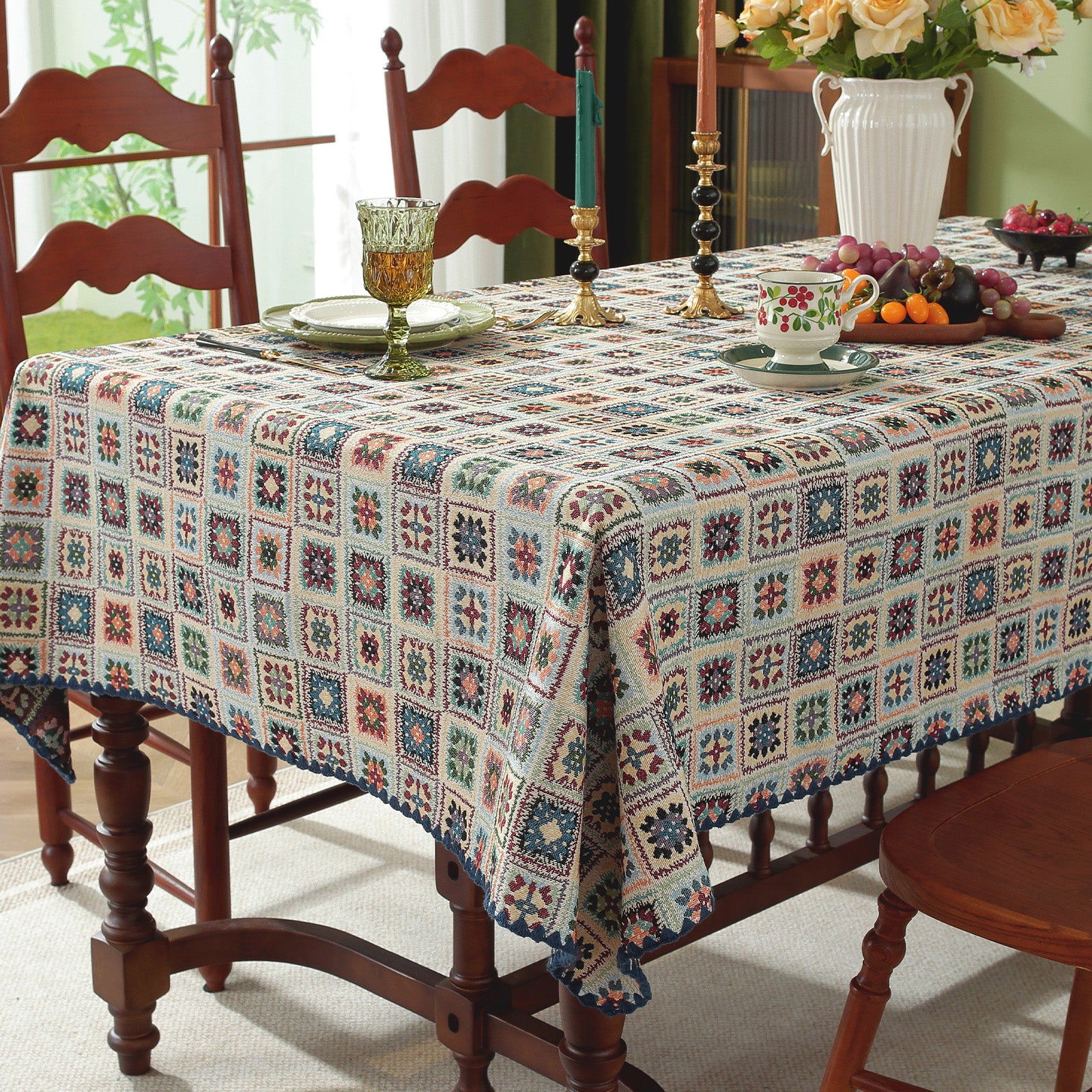 Blue Hook Flower Pattern Cotton-Linen Style Tablecloth with Scalloped Edge