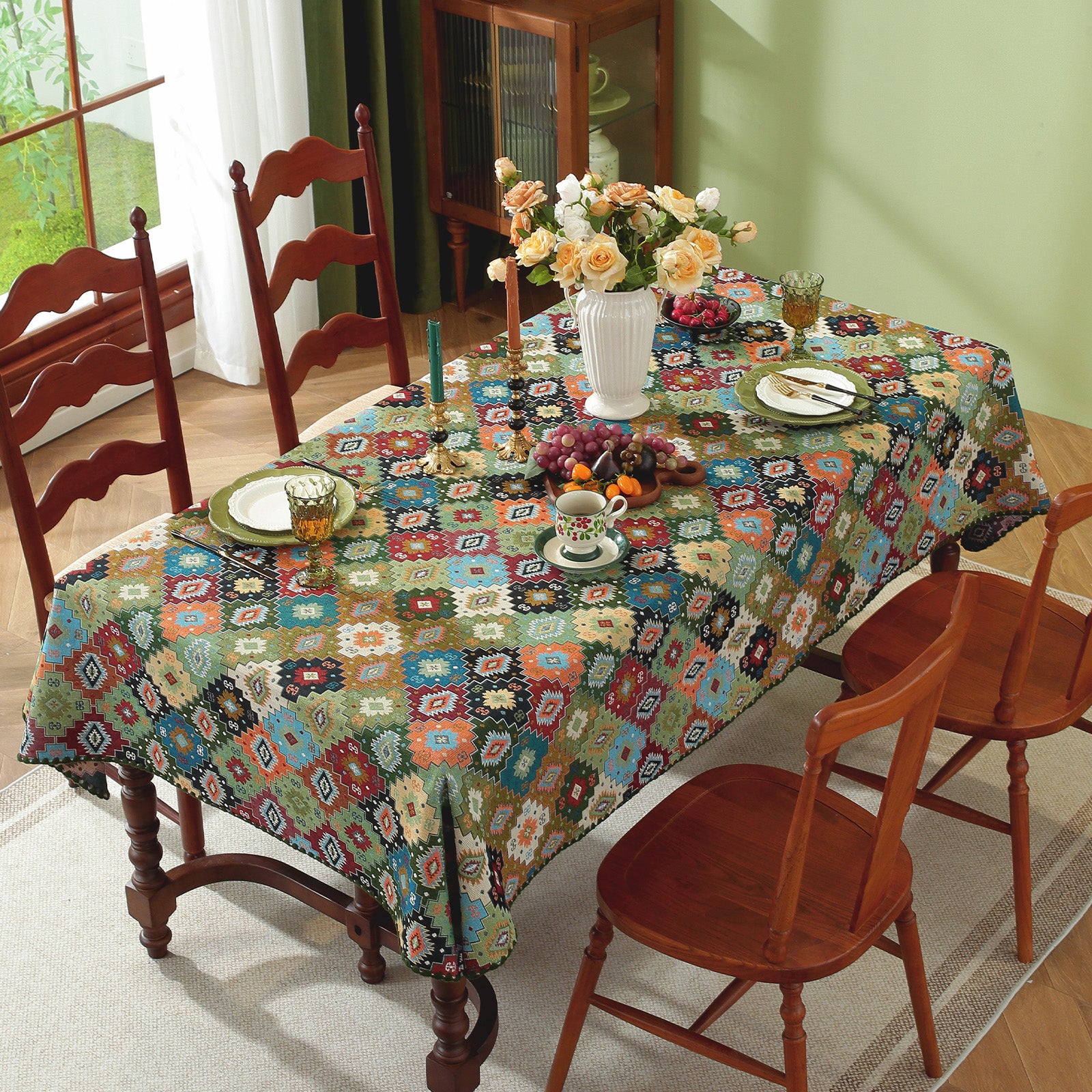 Jigsaw Puzzle Pattern Cotton-Linen Style Tablecloth with Scalloped Edge