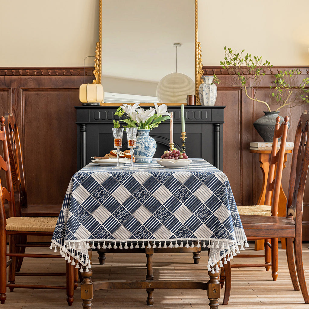 Checkered Pattern Linen-Look Tablecloth with Tassels – Wrinkle-Resistant & Drapes Beautifully, Japanese Minimalist Dining Table Art