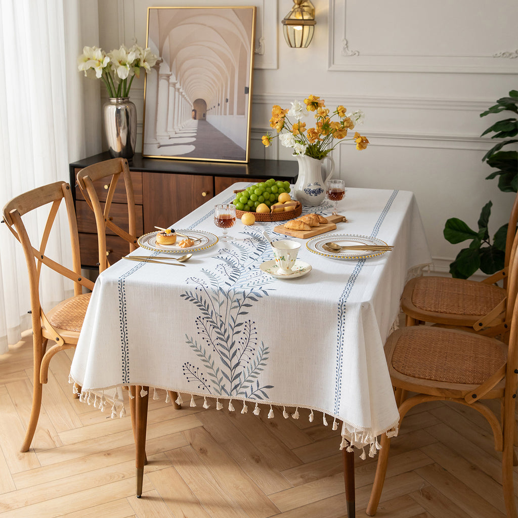 Linen-Like Waterproof Tablecloth with Fern Pattern — Breathable & Minimalist Design for Home Use, Fits Square, Round & Rectangular Tables
