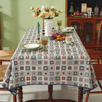 Blue Hook Flower Pattern Cotton-Linen Style Tablecloth with Scalloped Edge