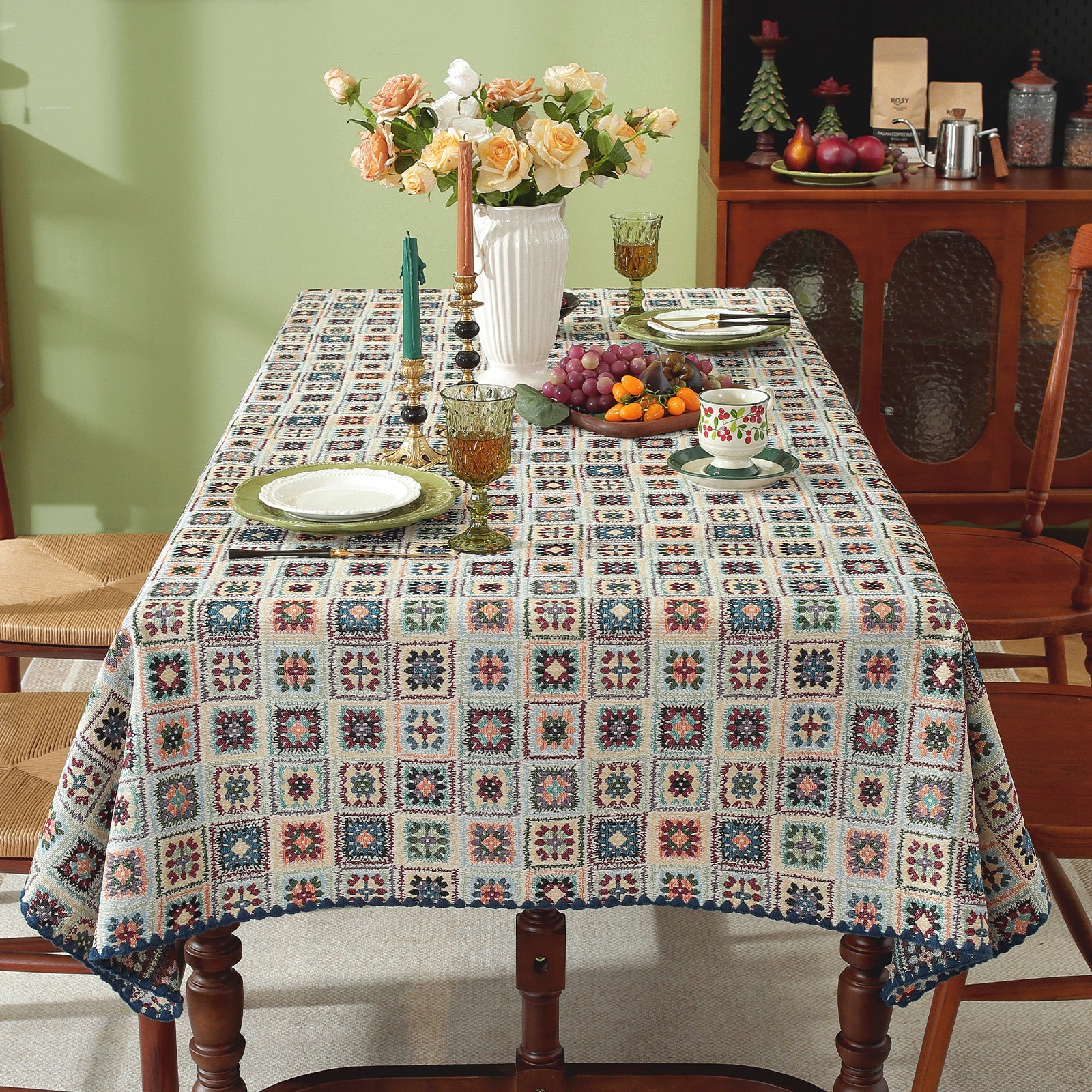 Blue Hook Flower Pattern Cotton-Linen Style Tablecloth with Scalloped Edge