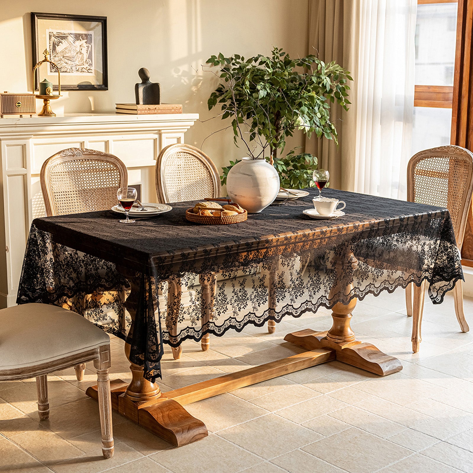Black Lace Vintage French Countryside Table Cloth — Versatile Cover for Coffee Table, TV Stand, Dresser, Shoe Cabinet, Dessert Table for Party, Wedding & Daily Home