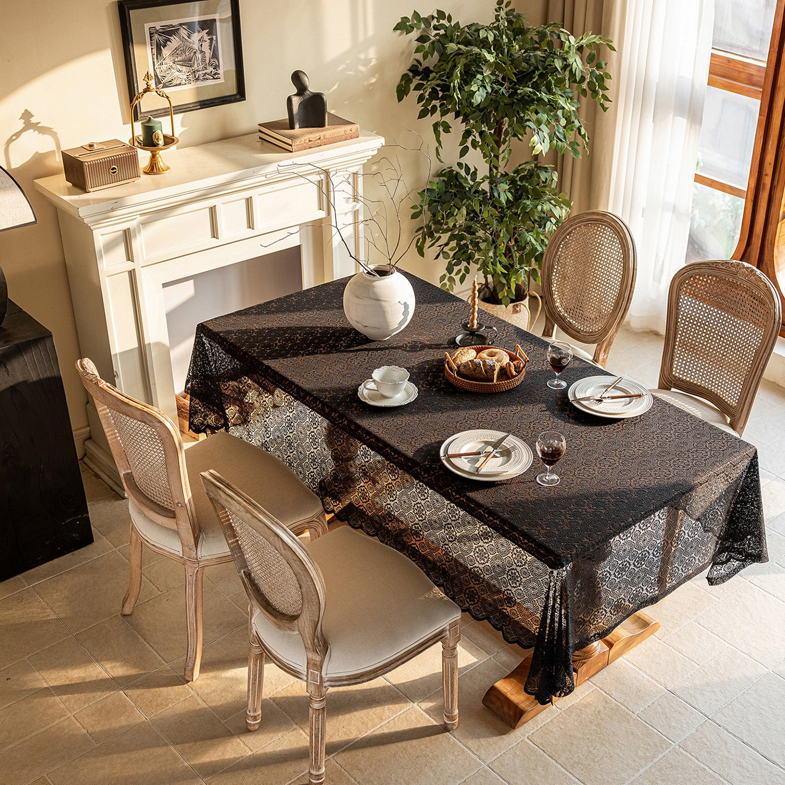 Black Lace French Countryside Coffee Table Cloth — TV Stand Cover, Dresser Cover, Shoe Cabinet Cover, Dessert Tablecloth for Party Wedding Daily Home