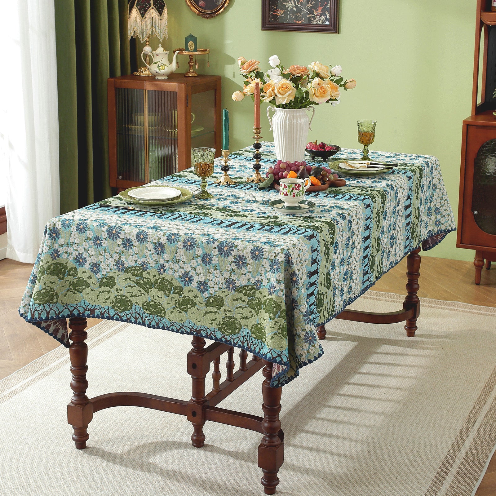 Spring Tree Pattern Cotton-Linen Style Tablecloth, with Scalloped or Straight Edge Options