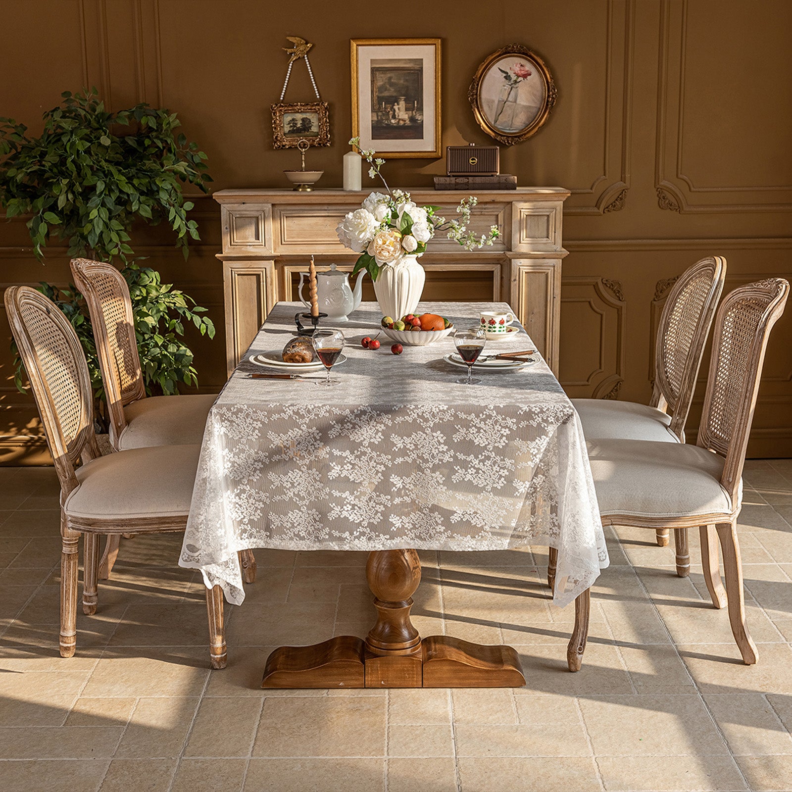White Lace Vintage French Countryside Table Cloth — Versatile Cover for Coffee Table, TV Stand, Dresser, Shoe Cabinet, Dessert Table for Party, Wedding & Daily Home