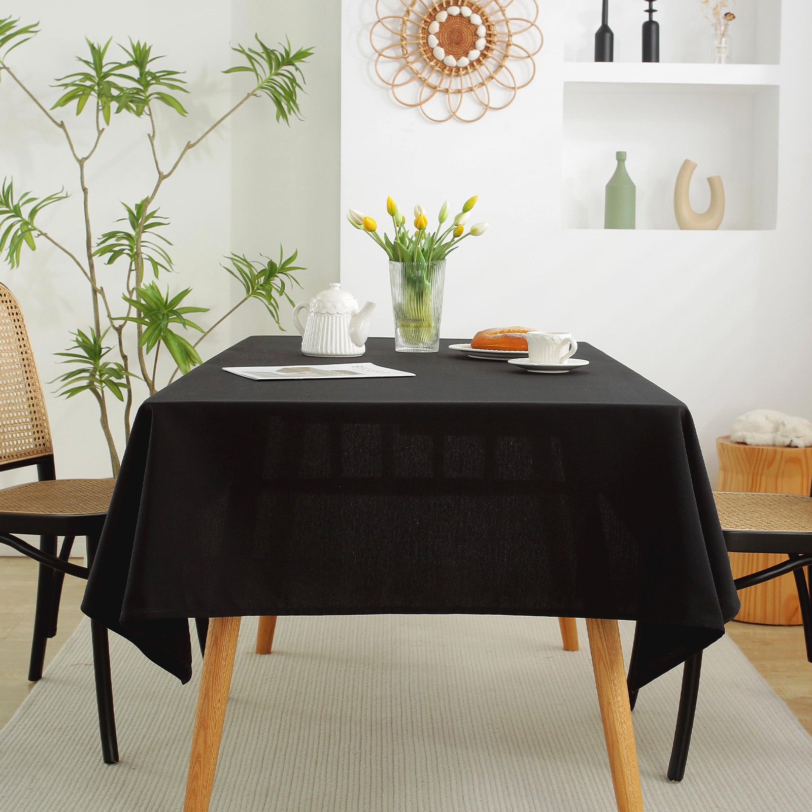 Solid Color Linen-Like Waterproof Tablecloth for Dining Table, Coffee Table & TV Stand – Oil-Proof, Wrinkle-Resistant, Black