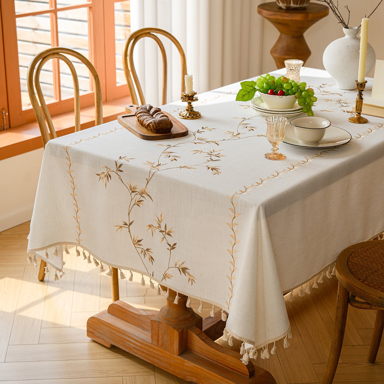 Linen-Like Waterproof Tablecloth with Bamboo Leaf Pattern — Breathable & Minimalist Design for Home Use, Fits Square, Round & Rectangular Tables