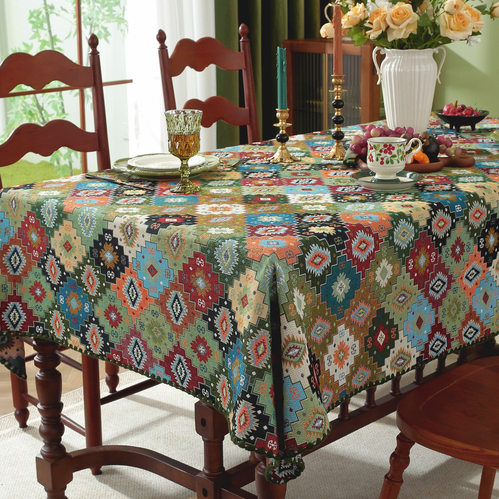 Jigsaw Puzzle Pattern Cotton-Linen Style Tablecloth with Scalloped Edge