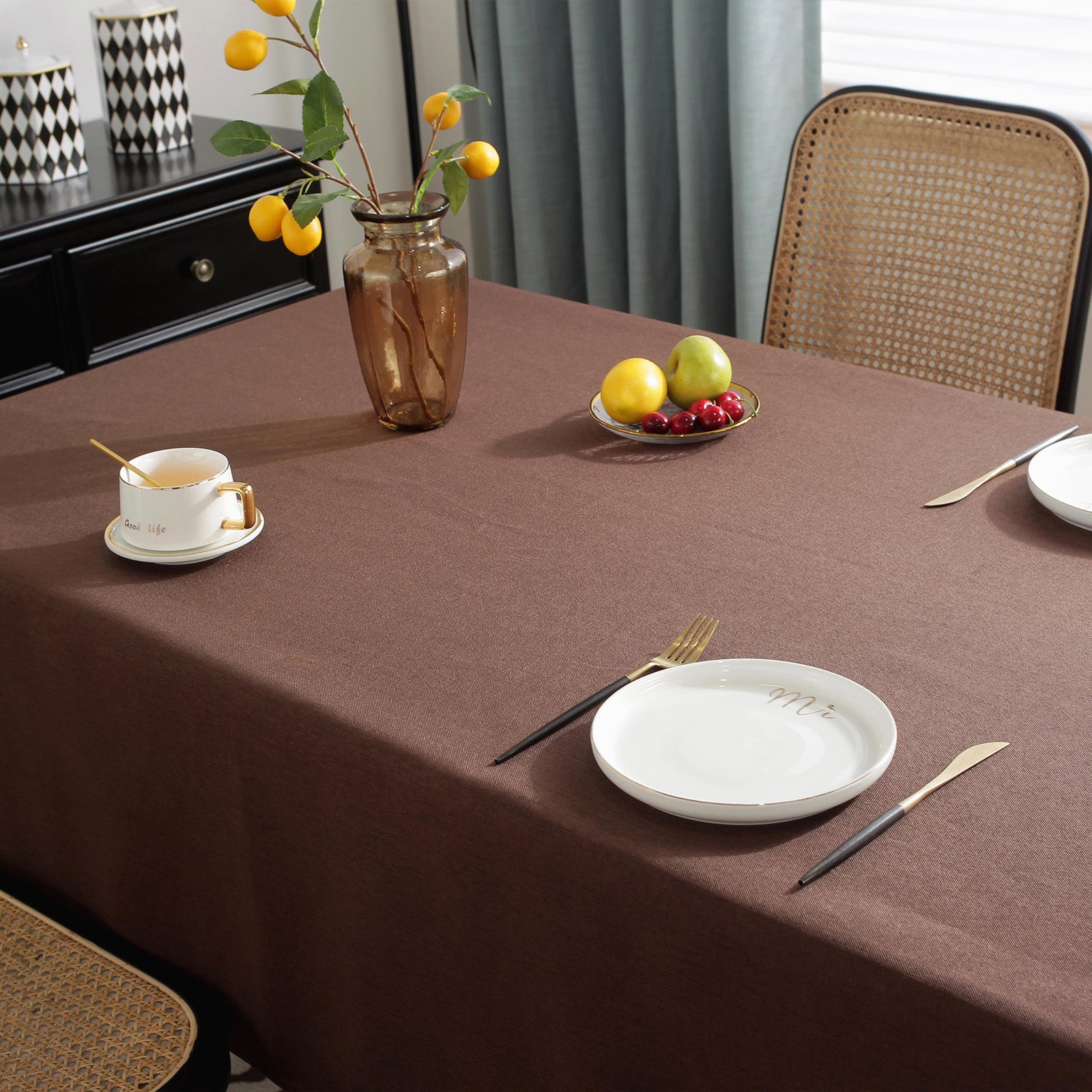Solid Color Linen-Like Waterproof Tablecloth for Dining Table, Coffee Table & TV Stand – Oil-Proof, Wrinkle-Resistant, Brown