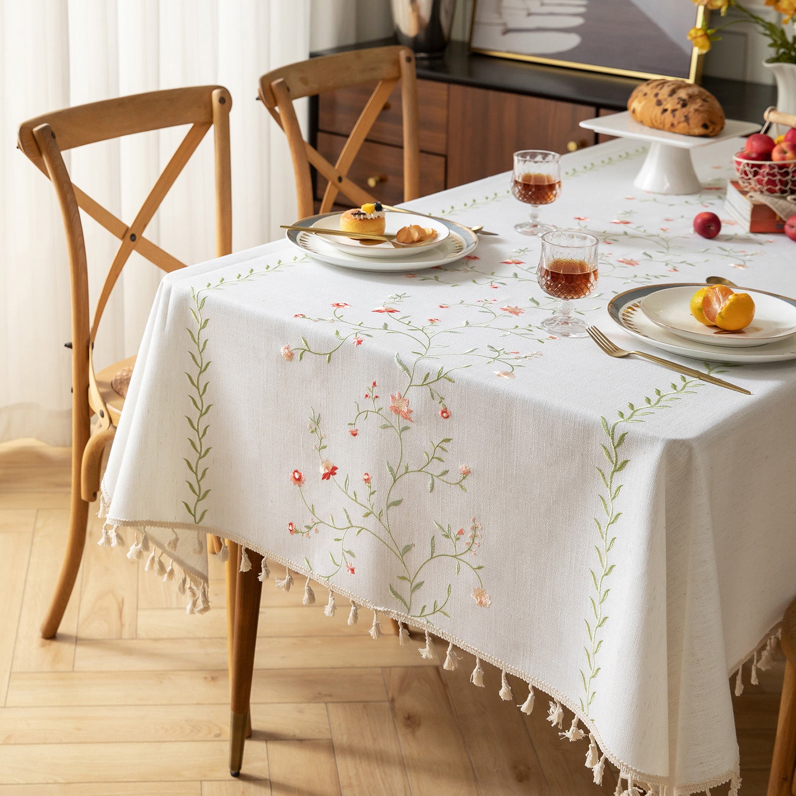 Linen-Like Waterproof Tablecloth with Hollyhock Pattern — Breathable & Minimalist Design for Home Use, Fits Square, Round & Rectangular Tables
