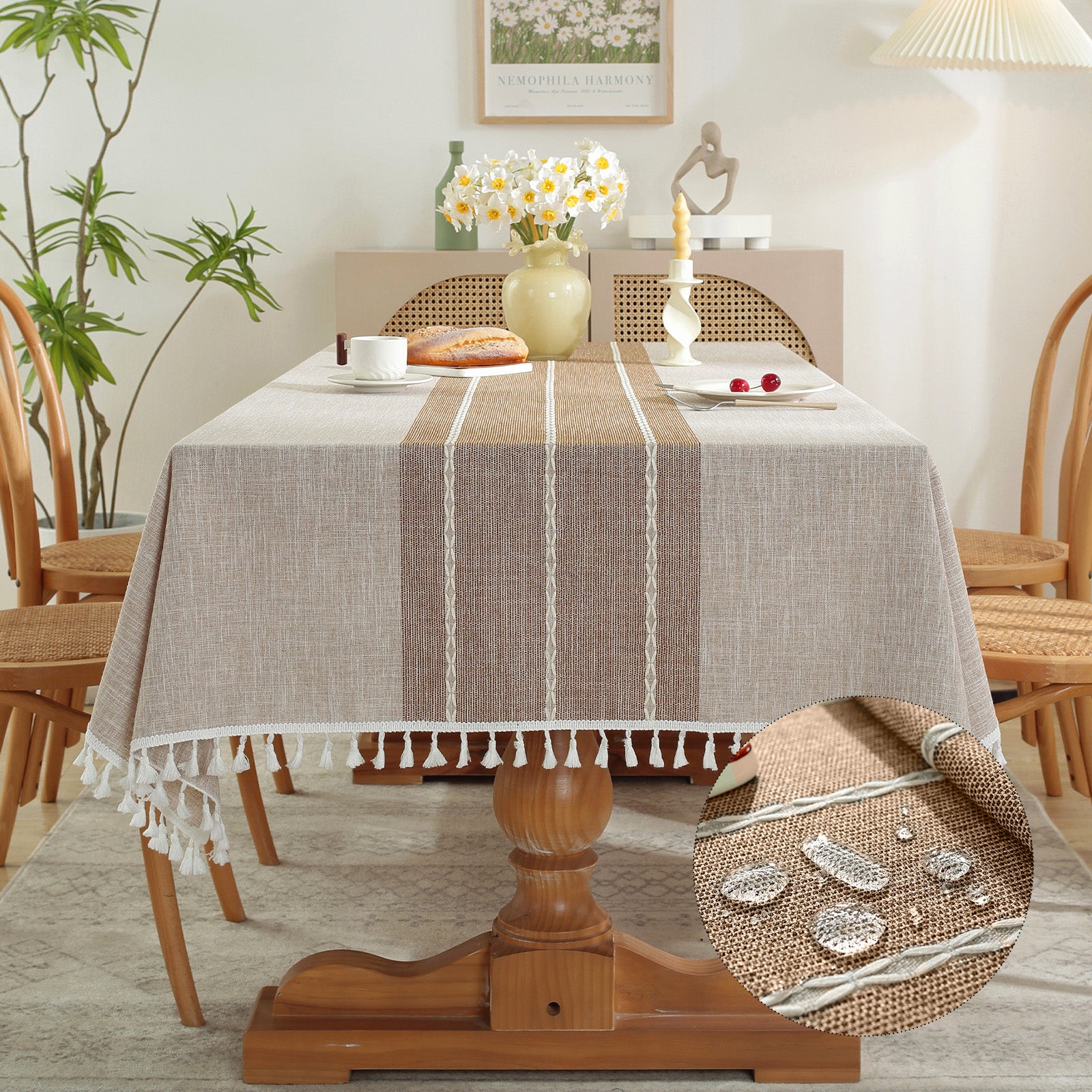 Waterproof Stainproof Linen Cotton Tablecloth, Jacquard Tassel, Thick Soft & Wrinkle Free, for Rectangle Square Tables