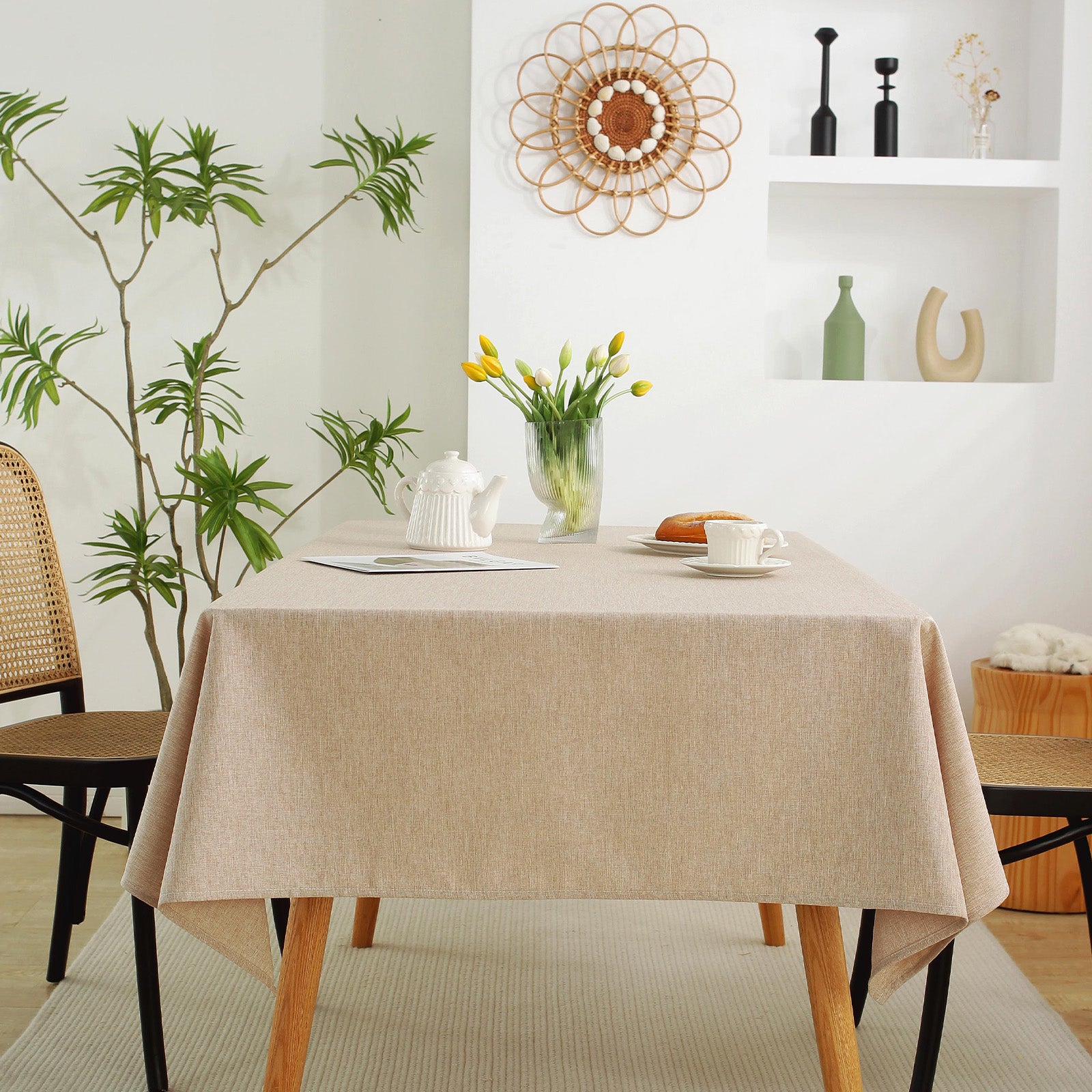 Solid Color Linen-Like Waterproof Tablecloth for Dining Table, Coffee Table & TV Stand – Oil-Proof, Wrinkle-Resistant, Beige